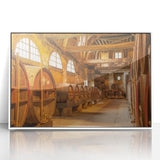 Mid-century modernist art depicting Normandy landscape in muted earth tones on framed acrylic.