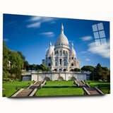 Large abstract depiction of Paris skyline in muted gray and blue tones on acrylic glass.