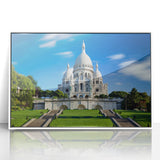 Mid-century modernist art of Paris skyline in muted blue and gray tones on framed acrylic, ideal for nursery wall decor.