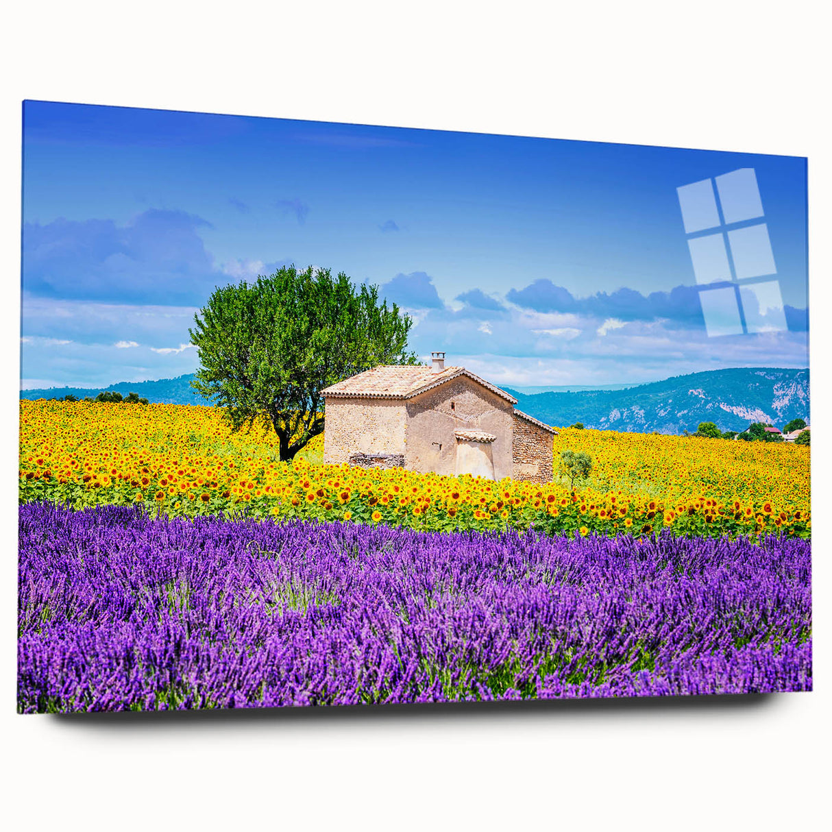 Large abstract wall art of Provence scenery in muted earth tones on acrylic glass, suitable for bedroom or dining room decor.