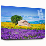 Large abstract wall art of Provence scenery in muted earth tones on acrylic glass, suitable for bedroom or dining room decor.
