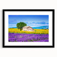 Extra large abstract art print of a colorful French Provence scenery, textured on a black framed canvas.