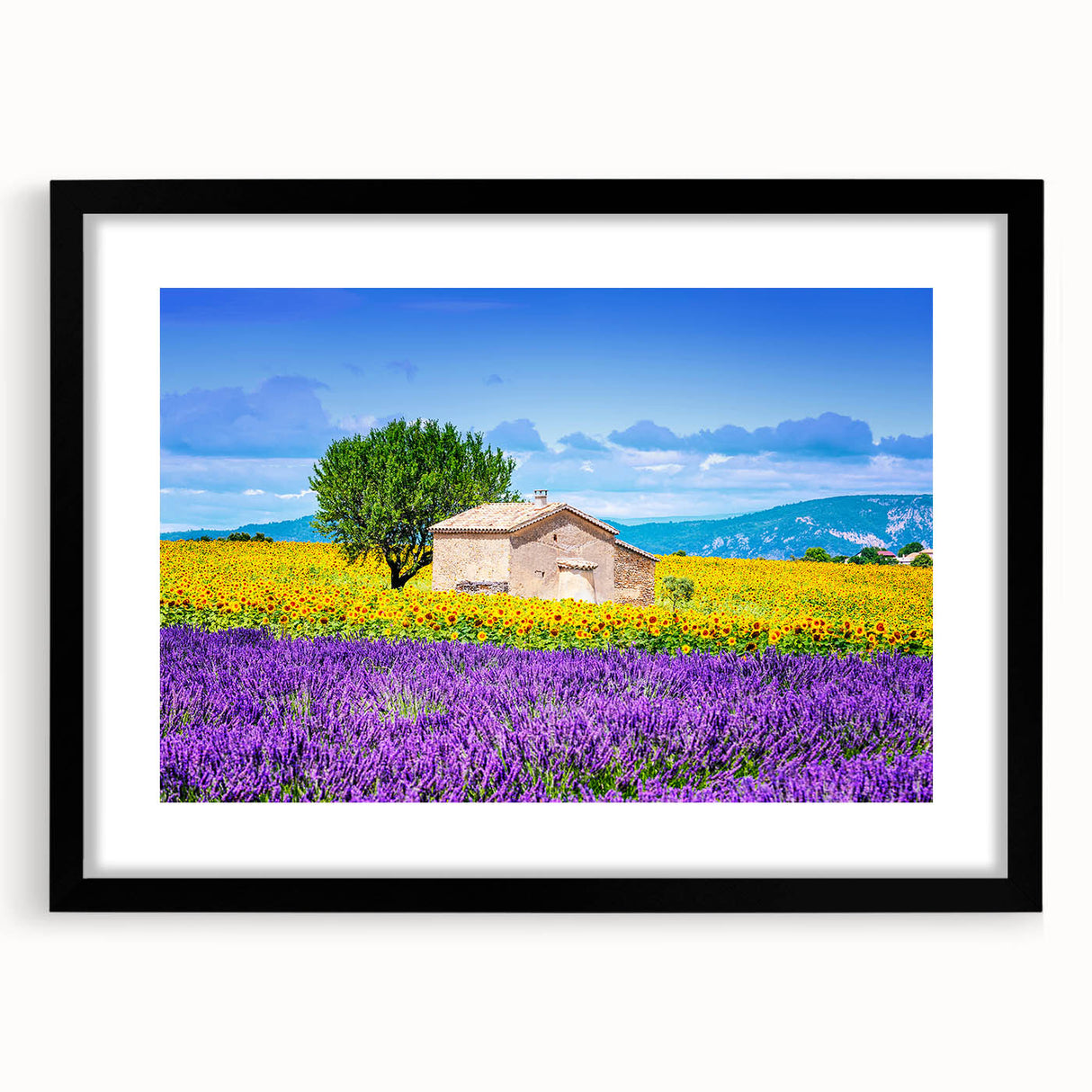 Extra large abstract art print of a colorful French Provence scenery, textured on a black framed canvas.