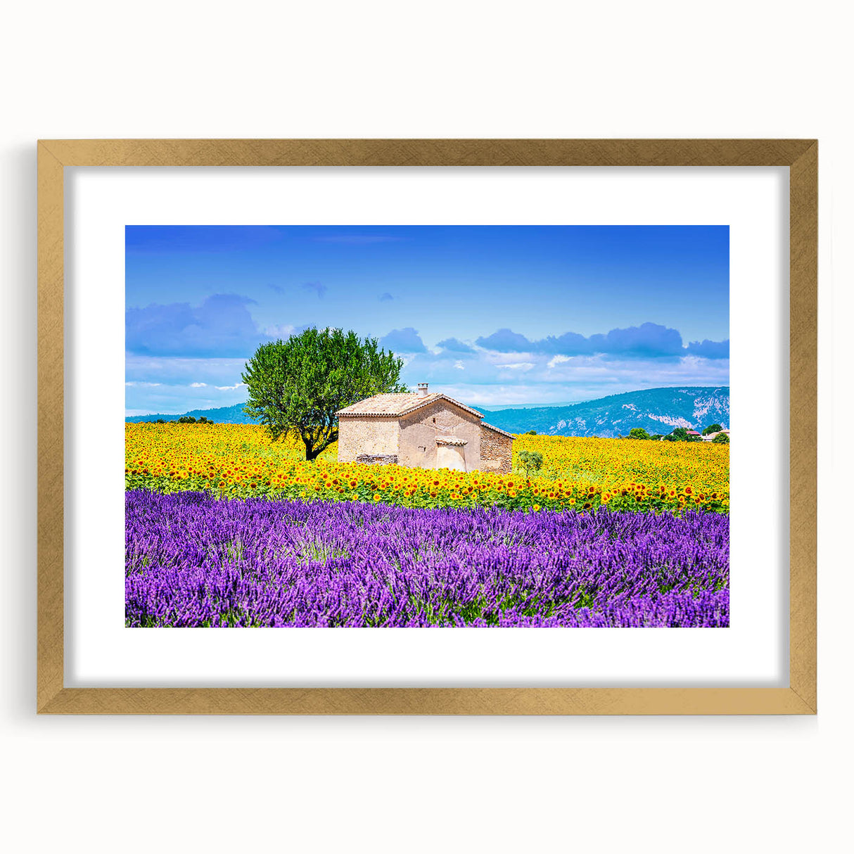 Abstract art print of a Provence landscape in muted earth tones on a framed canvas, suitable for dining room decor.