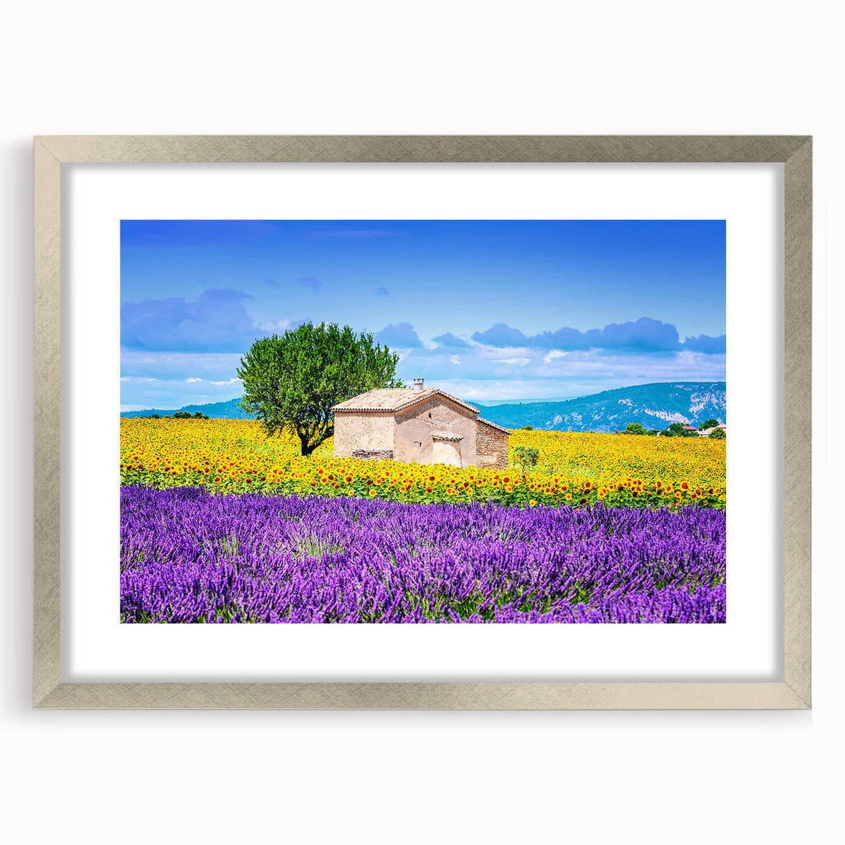 Extra large abstract art print of a Provence scenery in textured silver frame, ideal for living room decor.