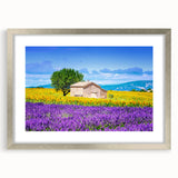 Extra large abstract art print of a Provence scenery in textured silver frame, ideal for living room decor.