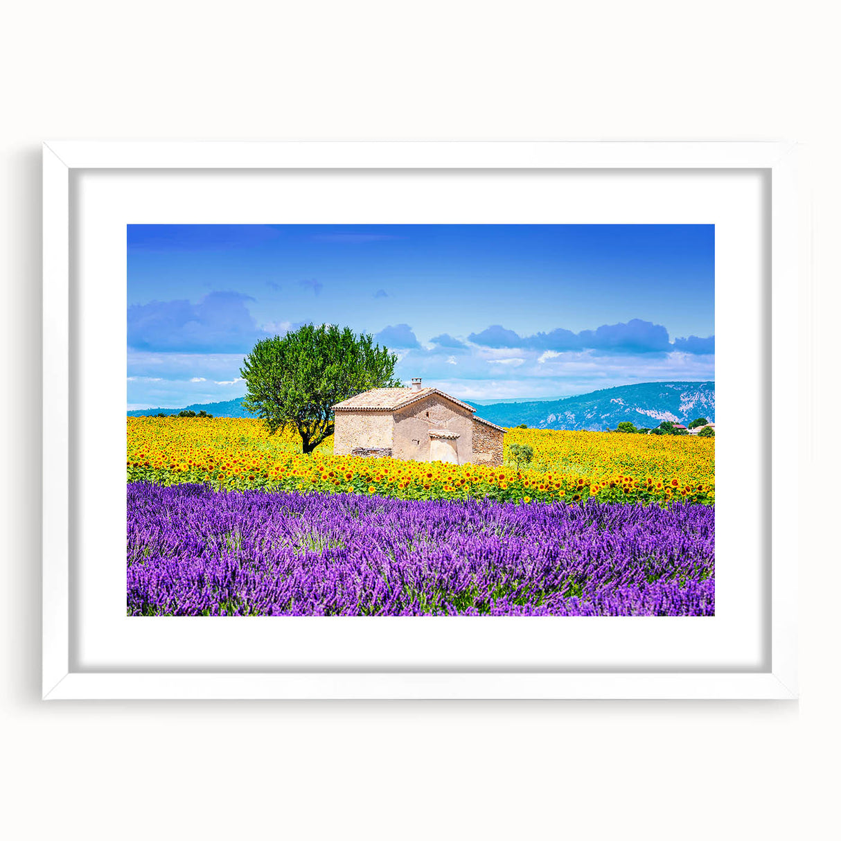 Textured abstract art print of Provence landscape in muted earth tones on a white framed mat, suitable for bedroom decor.