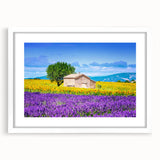 Textured abstract art print of Provence landscape in muted earth tones on a white framed mat, suitable for bedroom decor.
