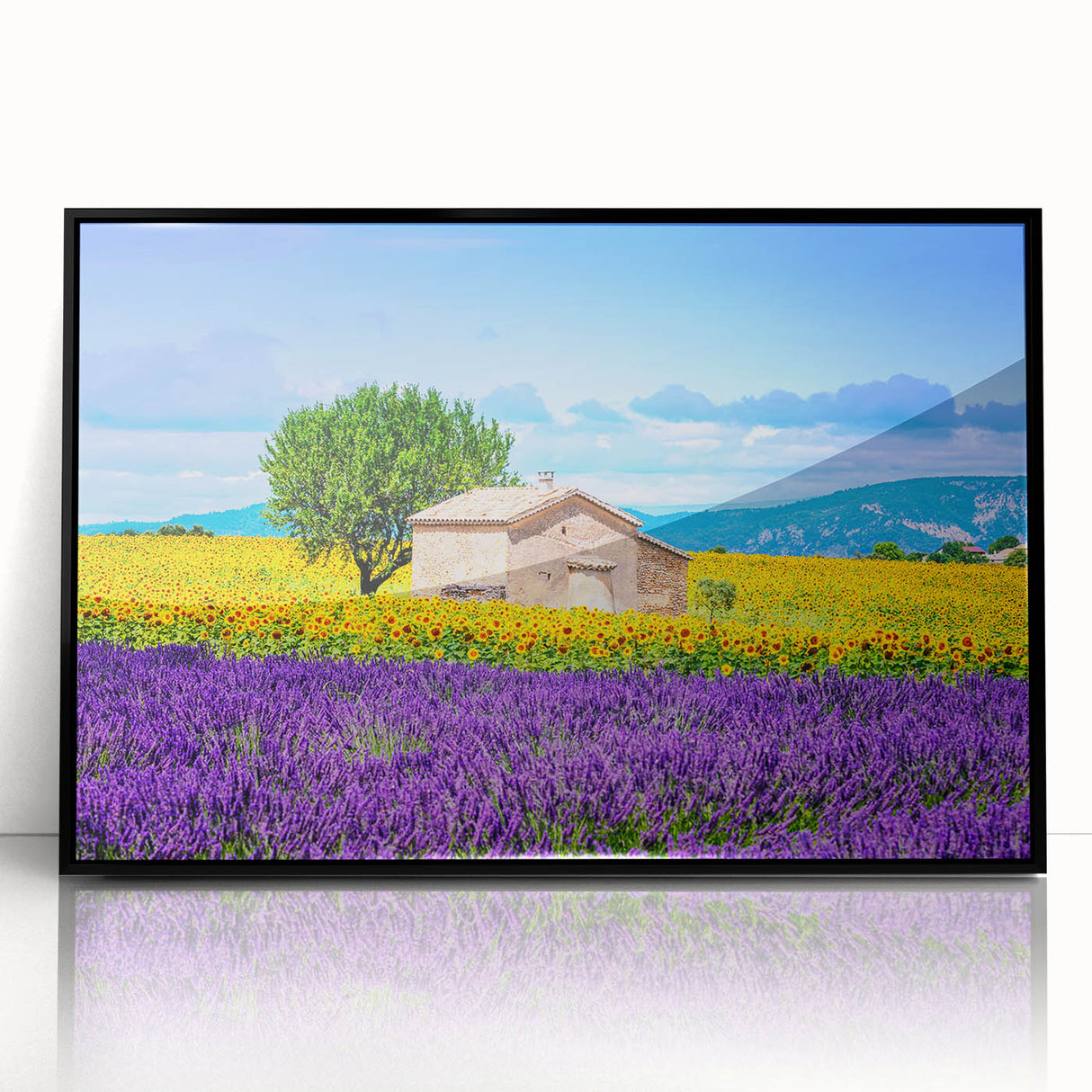 Large abstract wall art depicting a Provencal landscape in muted earth tones on a framed acrylic.