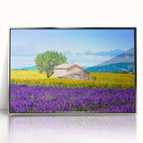 Large acrylic print of a Provence landscape in muted earth tones, framed in silver, suitable for modern art wall decor.