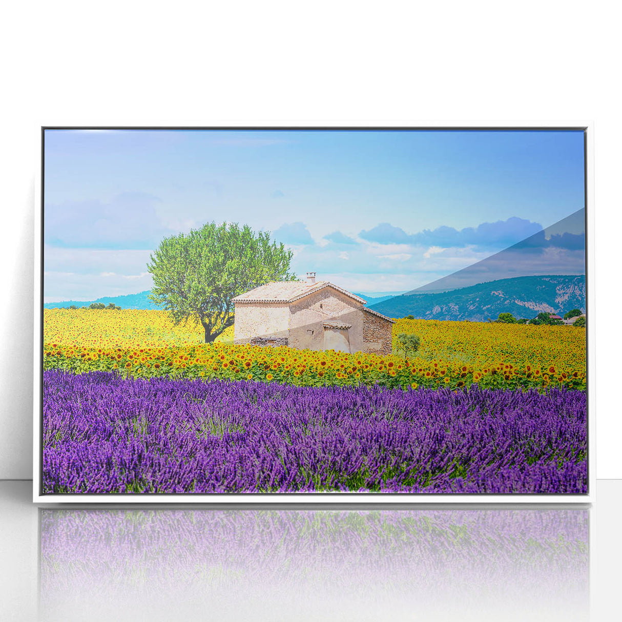Mid-century modernist art depicting the Provence landscape in muted earth tones on a framed acrylic.
