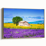 Framed canvas depicting a vintage-style Provence landscape in muted gold and black, ideal for bedroom wall art.