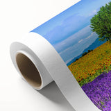 Art Deco poster of Provence landscape with lavender fields in muted purple and green tones, rolled canvas.