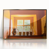 Art deco style poster of a scenic South France landscape in muted gold tones, framed acrylic.