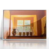 Mid-century modernist art depicting Southern France scenery in muted pastel shades on a white framed acrylic.