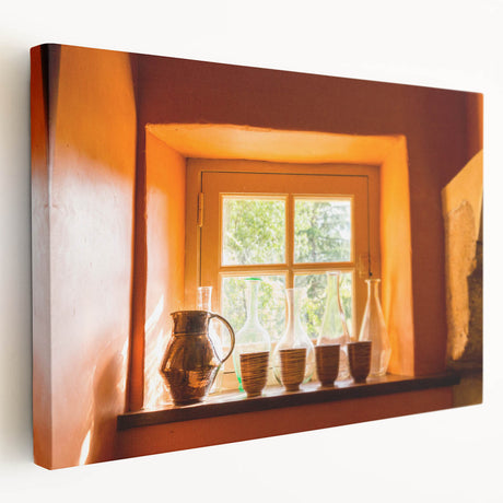 Large art print of a southern France landscape in muted earth tones on stretched canvas, ideal for kitchen wall decor.