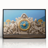 Large abstract wall art depicting the Versailles scenery in muted gray and blue tones, framed in black acrylic.