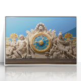 Mid-century modernist art depicting the Versailles gardens in muted green and blue tones, acrylic framed print.