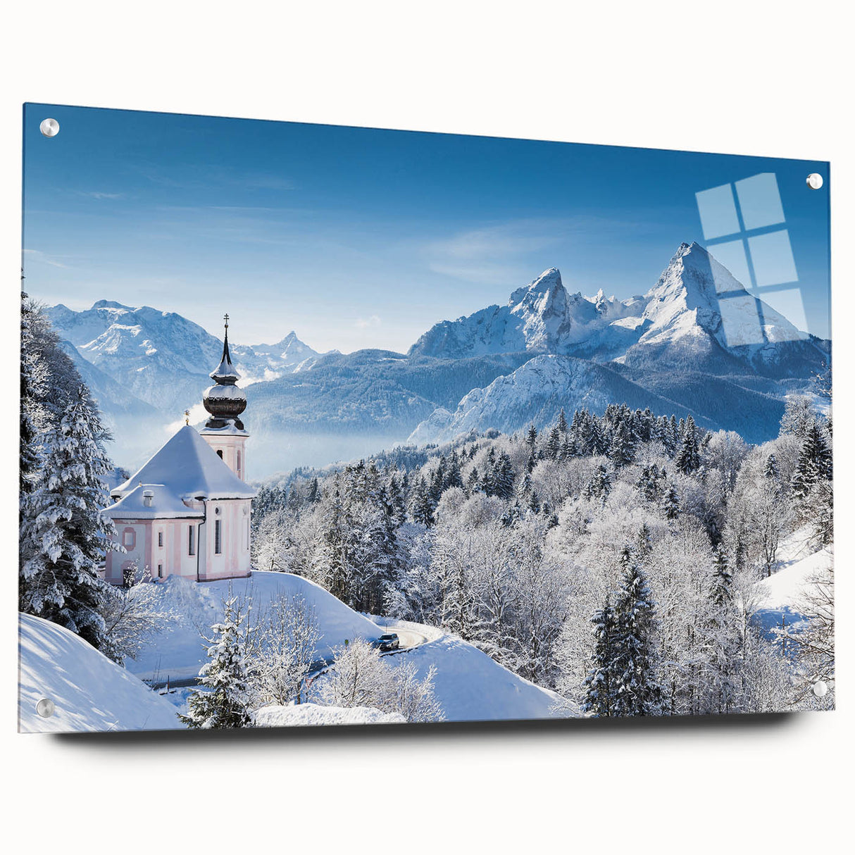 Acrylic print of a Bavarian landscape, featuring lush greenery and distant mountains.