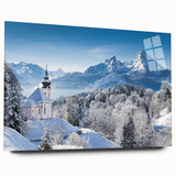 Acrylic print of a Bavarian landscape in muted green and blue tones, suitable for bedroom or dining room decor.