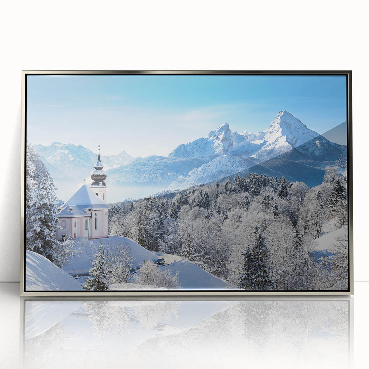 Large art print of a Bavarian landscape, featuring a mid-century modernist style in muted earth tones.