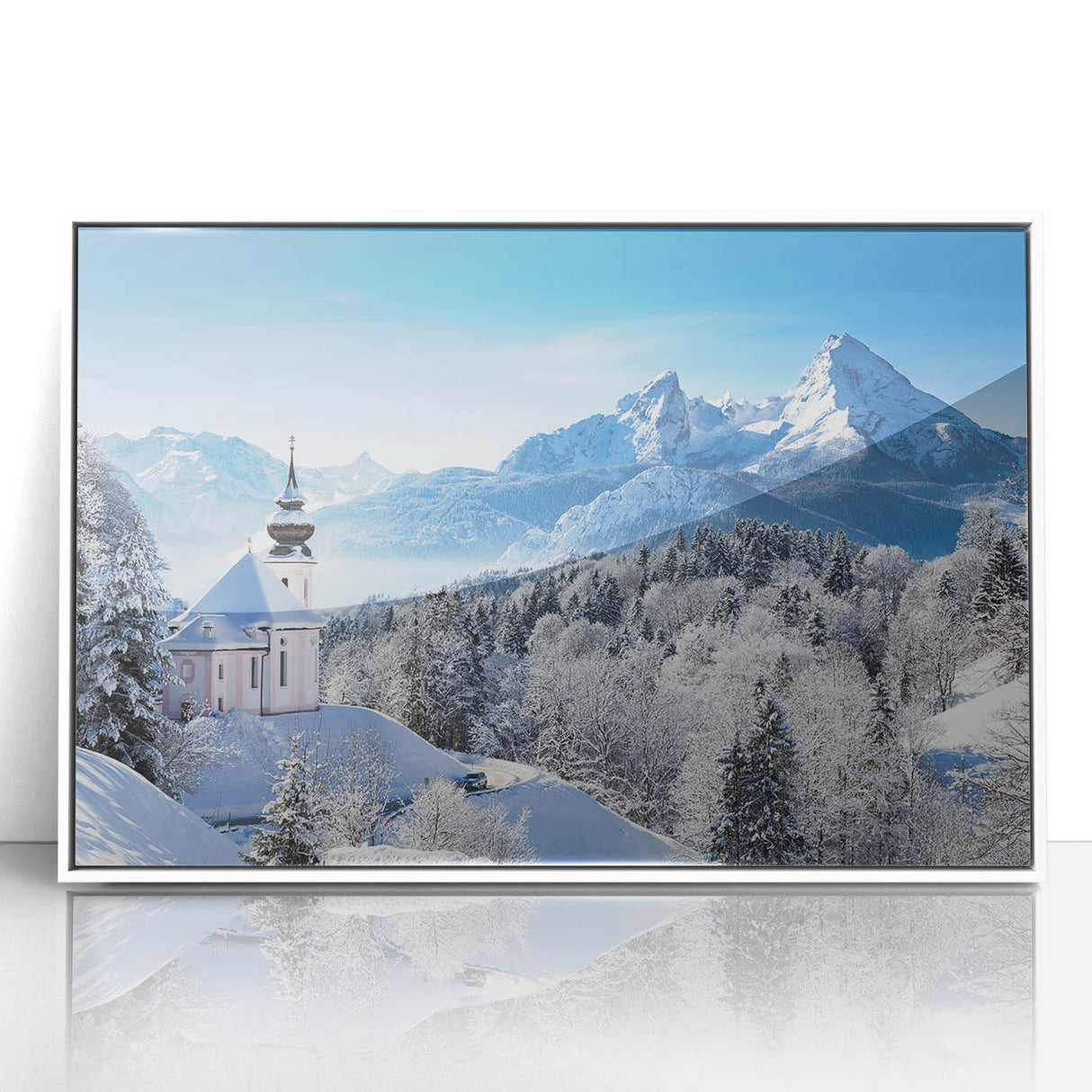 Mid-century modernist art of Bavarian landscape in muted earth tones on a framed acrylic, ideal for nursery wall art.