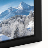 Black wall art featuring a textured depiction of a Bavarian landscape in vibrant colors on a large framed canvas.