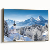 Framed canvas of a Bavarian landscape with muted green and blue tones, ideal for bedroom wall art.