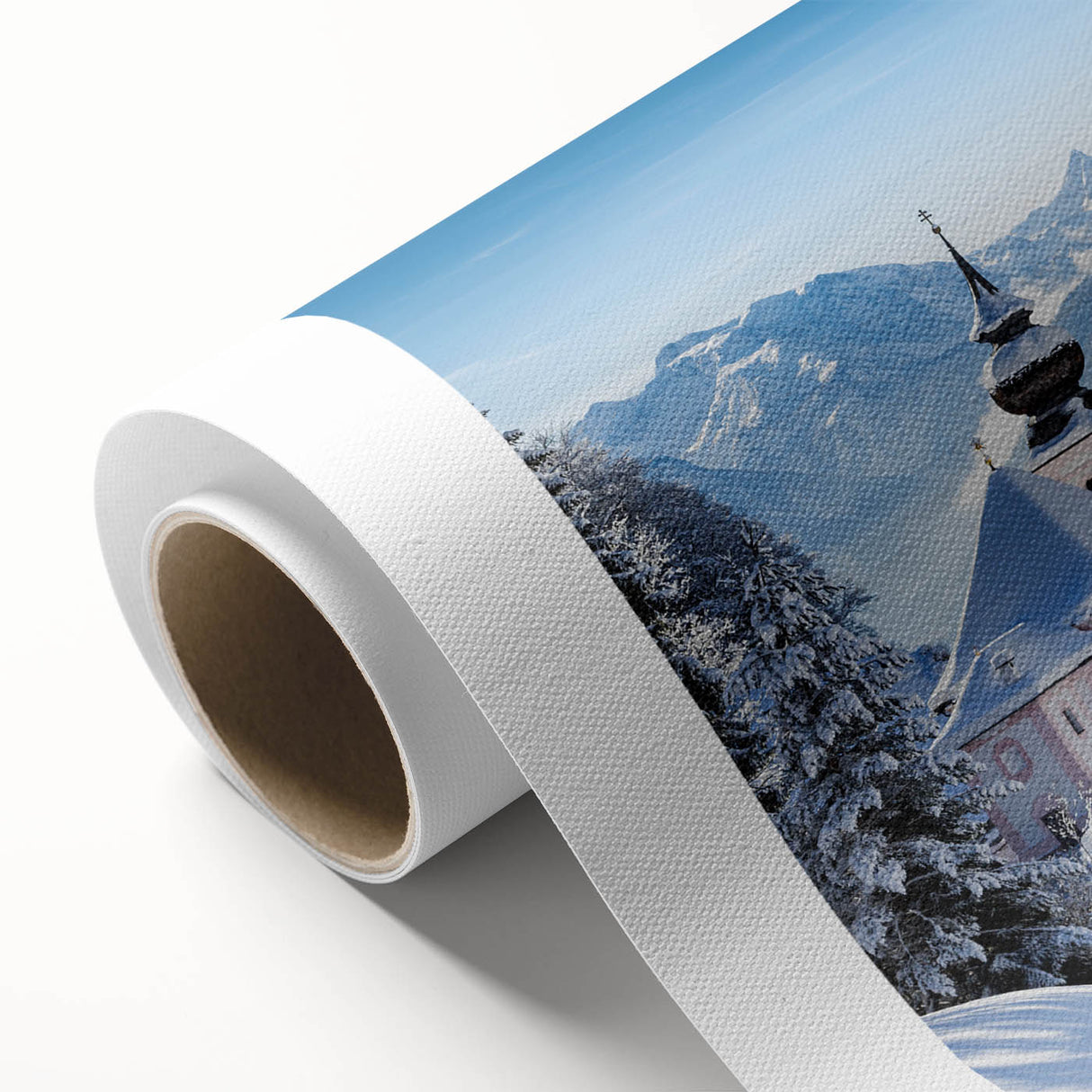 Art deco poster of Bavarian landscape on rolled canvas, featuring muted earth tones, ideal for nursery wall art.