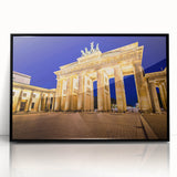 Large abstract wall art depicting the Berlin skyline in muted gray and blue tones, framed in black acrylic.