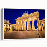 Vintage poster art of Berlin skyline in colorful hues on extra large framed canvas, ideal for living room decor.