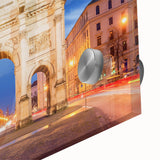 Large abstract depiction of Munich in muted earth tones on acrylic glass, suitable for dining room art.