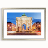 Extra large abstract art print of Munich scenery in textured grays and blues, framed in silver, ideal for living room decor.