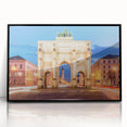 Large abstract wall art depicting a stylized Munich cityscape in muted earth tones on a framed acrylic panel.