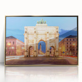 Framed acrylic print of Munich scenery in gold and blue tones, in an art deco style, suitable for modern art wall decor.