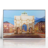 Acrylic print of Munich scenery in pastel shades, framed in white, mid-century modernist style.