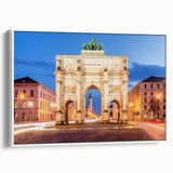 Vintage poster art of Munich skyline in colorful hues on a large framed canvas, ideal for living room decor.