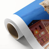 Art deco poster of Munich skyline in muted earth tones on rolled canvas, ideal for nursery wall art.