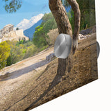 Large abstract wall art depicting Athens, in muted earth tones on acrylic glass, suitable for dining room ambiance.