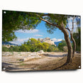 Acrylic print of Athens skyline in muted earth tones, ideal for dining room decor.