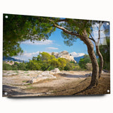 Acrylic print of Athens skyline in muted earth tones, ideal for dining room decor.