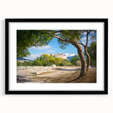 Extra large, textured abstract art print of Athens scenery in vibrant colors on a black framed canvas.