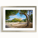 Extra large wall art of abstract Athens scenery in textured silver frame, ideal for living room decor.