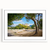 Textured abstract art print of Athens scenery in muted earth tones, framed with white mat, ideal for bedroom art.