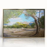 Acrylic print of Athens scenery with muted gold and blue tones in an art deco style, ideal for modern art wall decor.