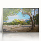 Acrylic print of Athens scenery with muted earth tones in a silver frame, apt for modern art wall decor.