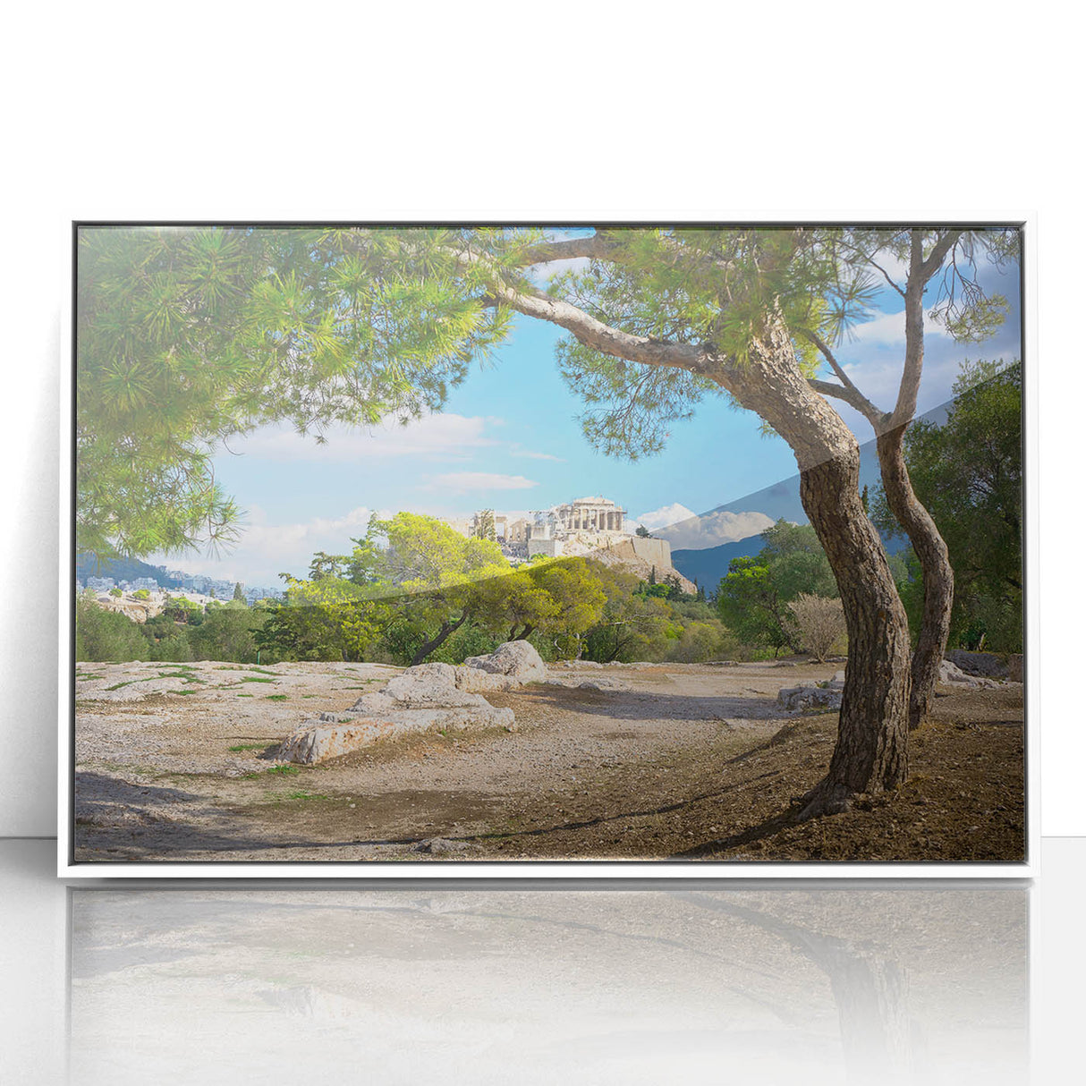 Mid-century modernist art of Athens skyline in muted tones on a framed acrylic, suitable for nursery wall art.