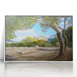 Mid-century modernist art of Athens skyline in muted tones on a framed acrylic, suitable for nursery wall art.