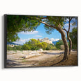 Black and white wall art of Athens landscape on framed canvas, suitable for bedroom decor.