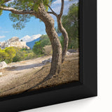 Extra large framed canvas of a textured Athens scenery in black with colorful accents, ideal for living room decor.